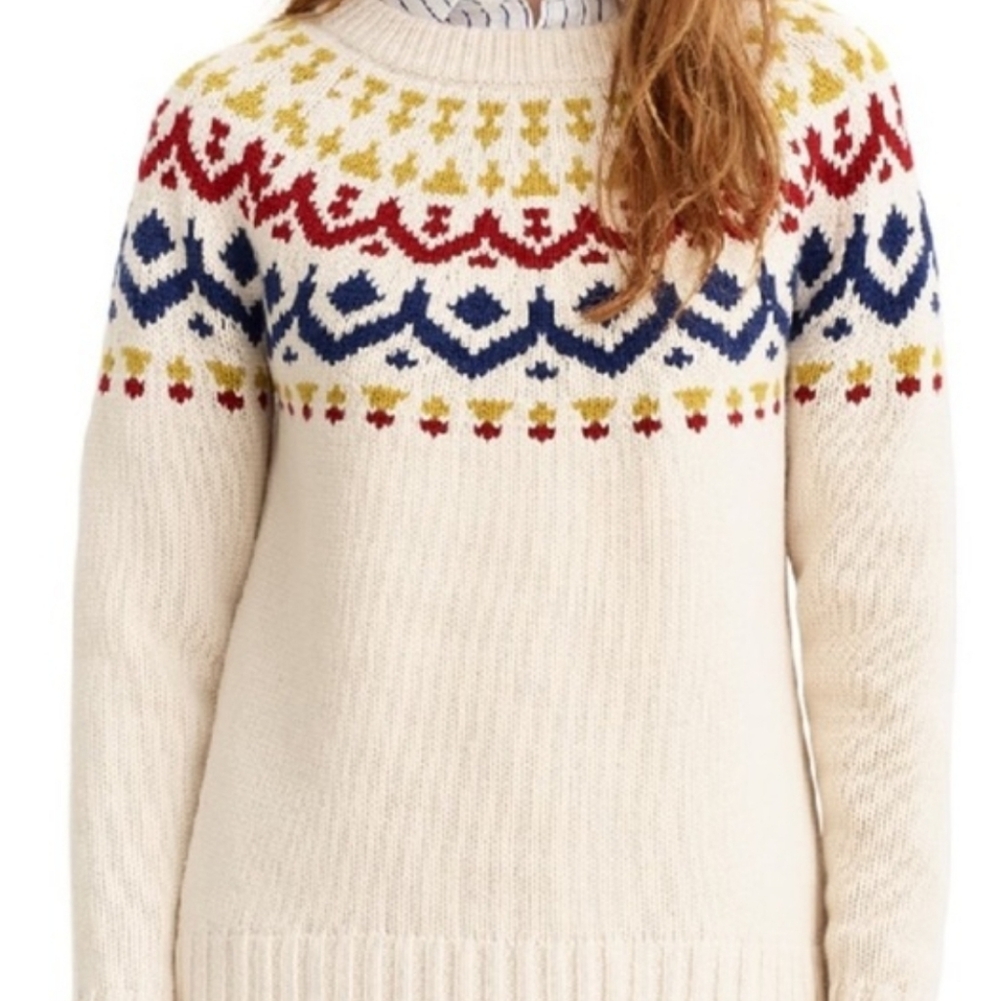 J. Crew Wool Blend Fair Isle Ski Sweater Ivory/Blue/Red/Gold Off White K4650 XS